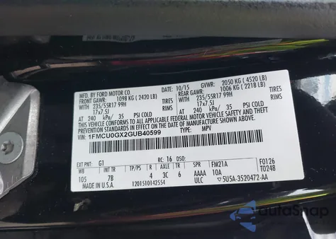 2016 Ford Escape Se z USA, uszkodzony, nr VIN 1FMCU0GX2GUB40599